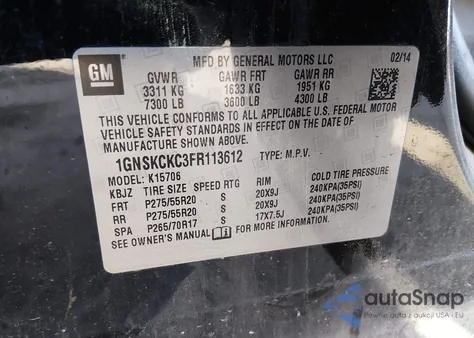 2015 Chevrolet Tahoe Ltz from USA, damaged, VIN 1GNSKCKC3FR113612